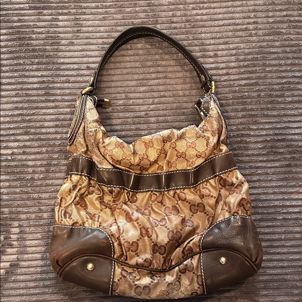 Gucci Crystal Tan & Dark Brown Monogram Hobo Shoulder Bag
